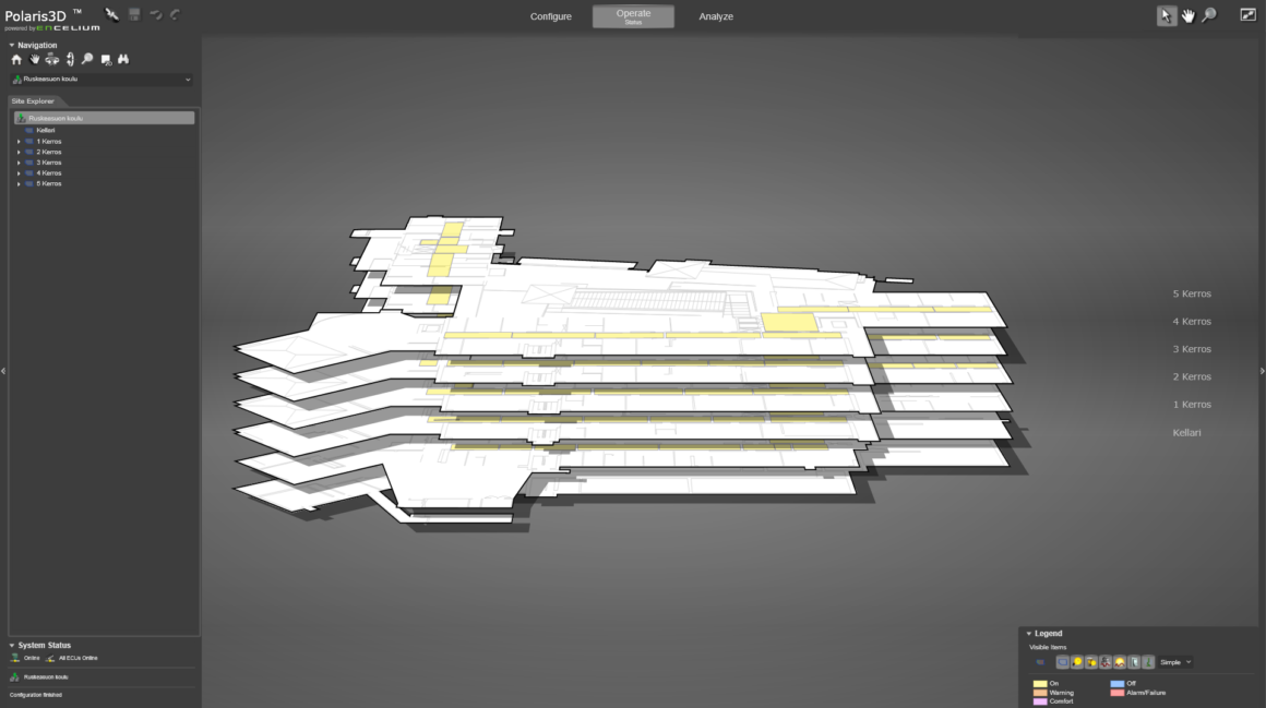 ENCELIUM™ -järjestelmä näyttää Valteri-koulu Ruskiksen koulurakennuksen 3D-mallinnuksena, josta valaistuskokonaisuus on helppo hahmottaa